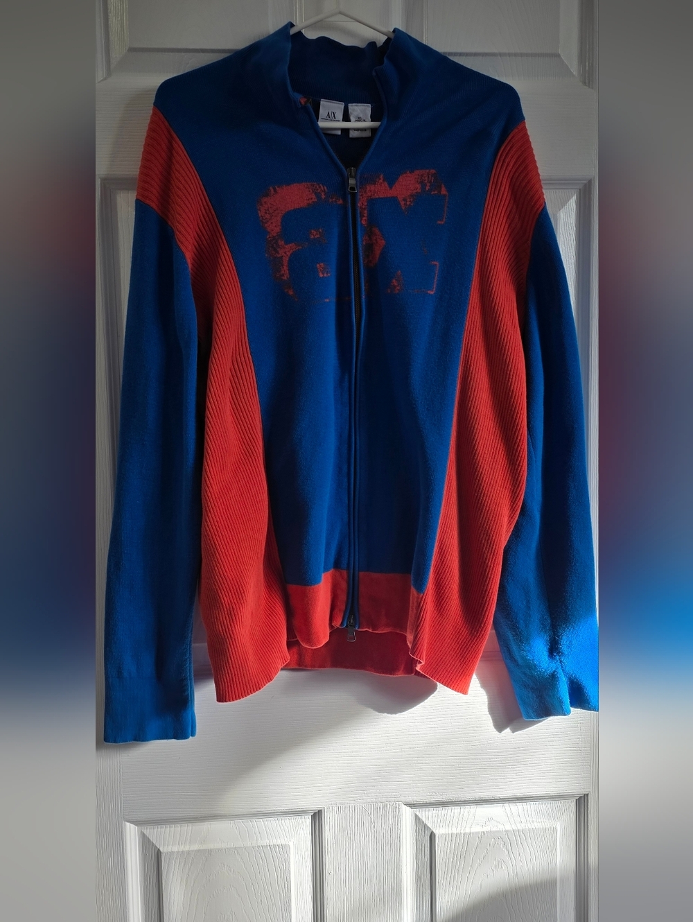 4/$97 Deal! Armani Exchange Blue and Orange Zip-Up Sweater